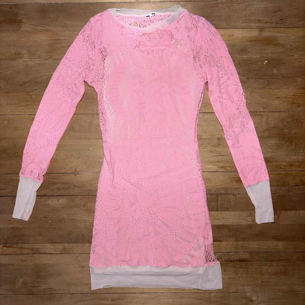 Jean Paul Gaultier Pink Soleil See-Through Cutout Mini Dress XS Body-con Crochet - Picture 2 of 16